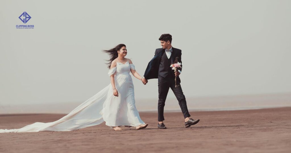 couple take picture with walking pose 